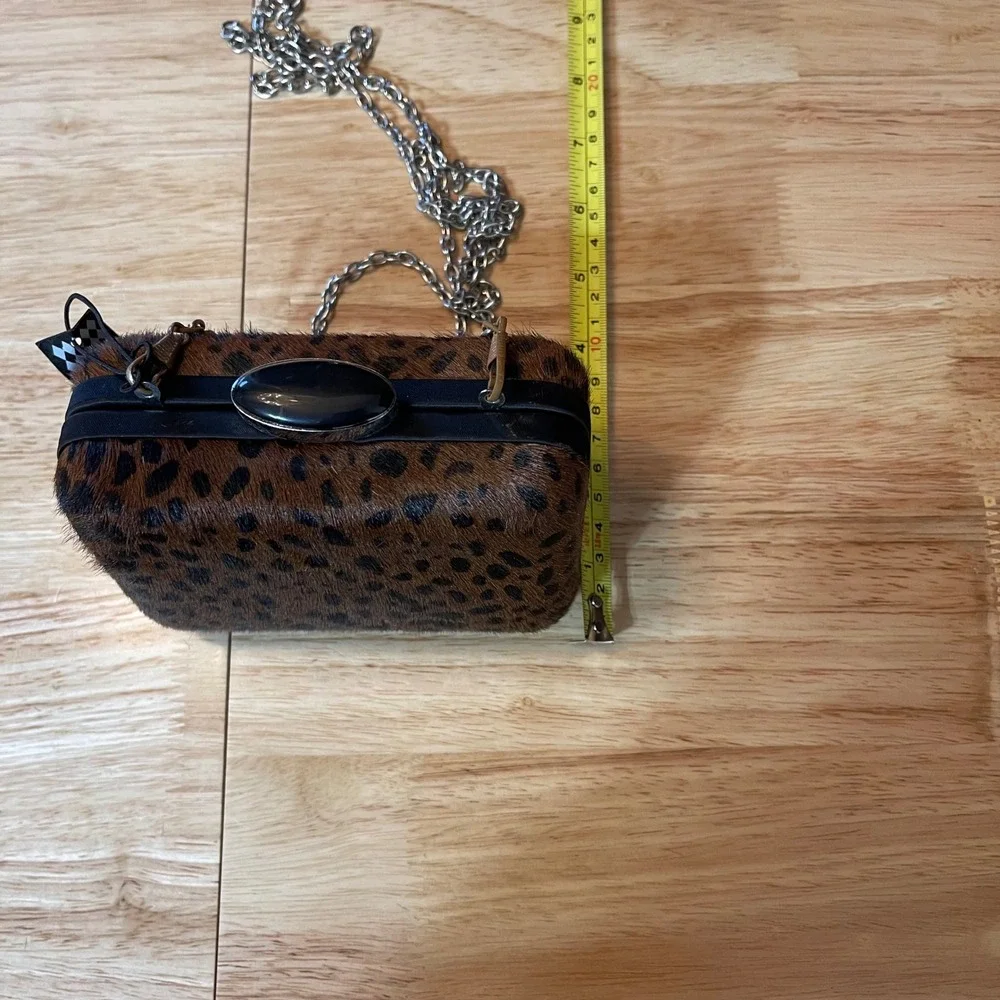 NEW Leopard Print‎ Calf Hair Box Clutch Chain Strap Brown Black Evening Bag